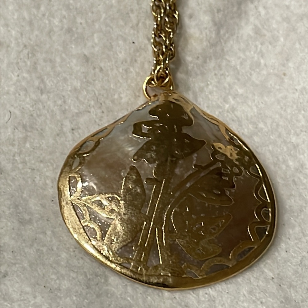 Vintage Abalone Seashell Pendant Gold Plated Overlay Butterflies with chain
